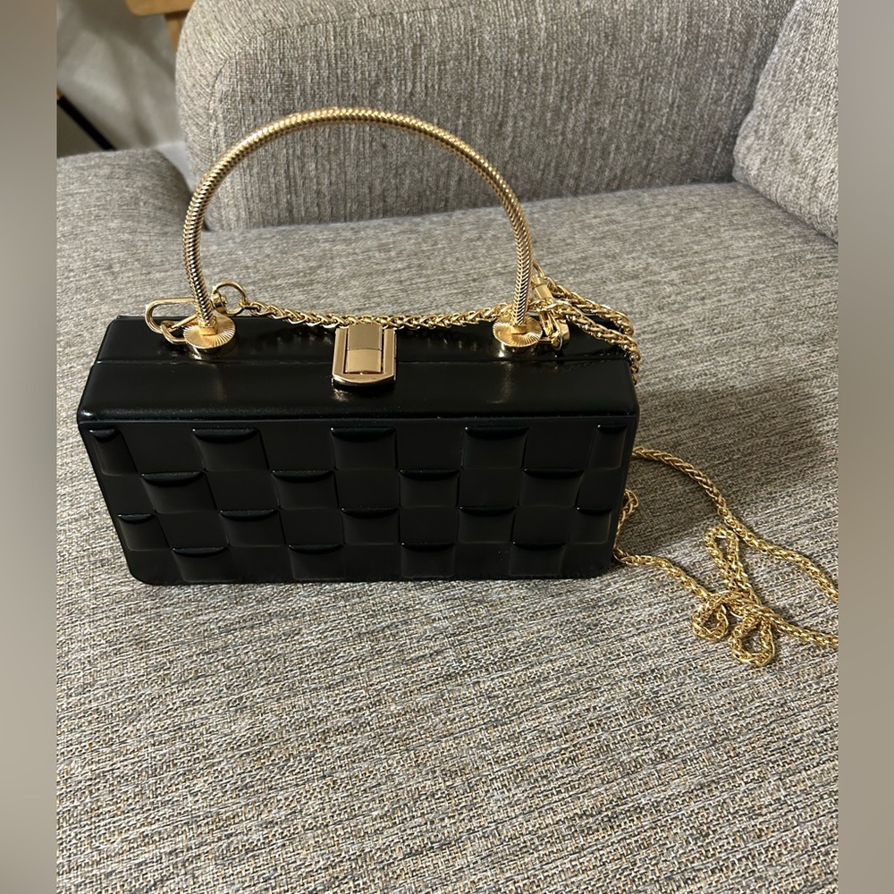 Checkered box clutch with detachable gold chain strap